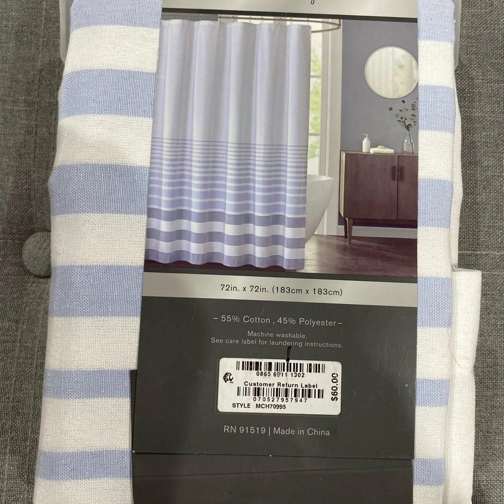 Decor Studio shower curtain 72x 72 NWT, blue white stripe pattern NWT